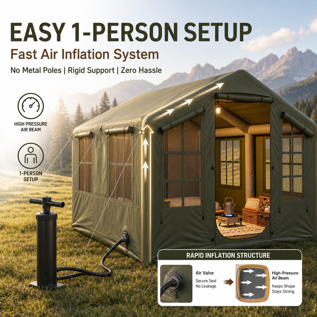 Large Inflatable Glamping House Tent, 1‑Person Quick Inflate Air Beam Tent, 3000mm Rainproof UV‑Protection Luxury Cabin Tent for Backyard & Wilderness Camping
