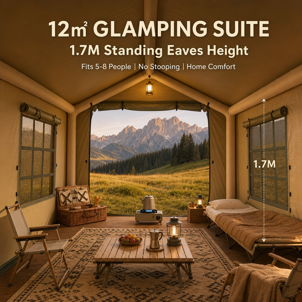Large Inflatable Glamping House Tent, 1‑Person Quick Inflate Air Beam Tent, 3000mm Rainproof UV‑Protection Luxury Cabin Tent for Backyard & Wilderness Camping