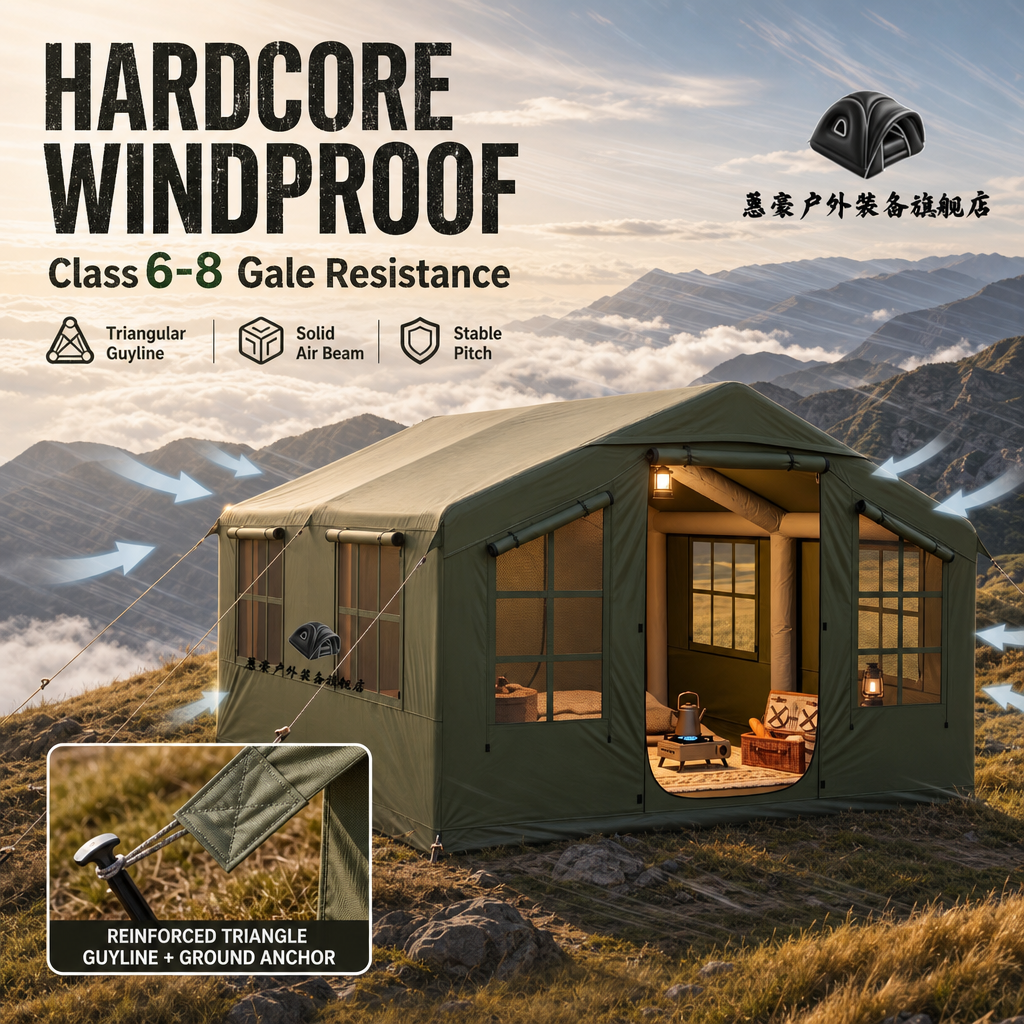 Large Inflatable Glamping House Tent, 1‑Person Quick Inflate Air Beam Tent, 3000mm Rainproof UV‑Protection Luxury Cabin Tent for Backyard & Wilderness Camping