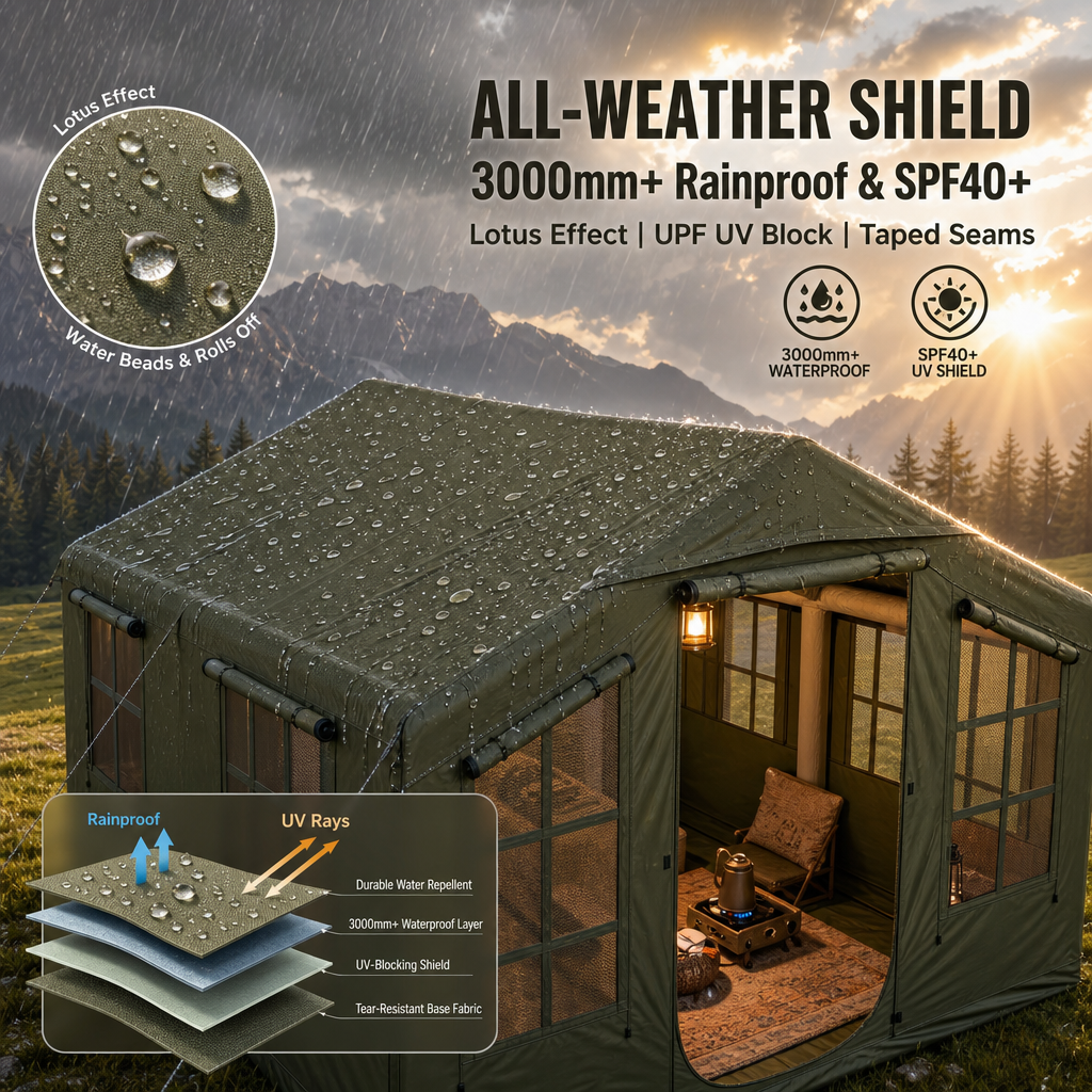 Large Inflatable Glamping House Tent, 1‑Person Quick Inflate Air Beam Tent, 3000mm Rainproof UV‑Protection Luxury Cabin Tent for Backyard & Wilderness Camping