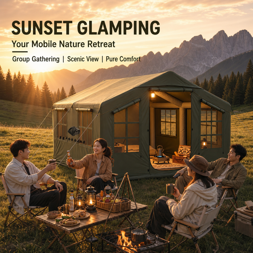 Large Inflatable Glamping House Tent, 1‑Person Quick Inflate Air Beam Tent, 3000mm Rainproof UV‑Protection Luxury Cabin Tent for Backyard & Wilderness Camping