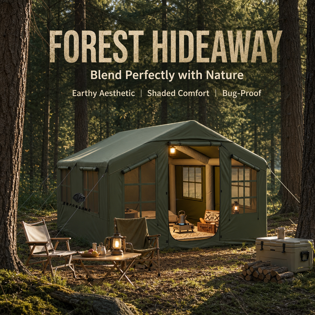 Large Inflatable Glamping House Tent, 1‑Person Quick Inflate Air Beam Tent, 3000mm Rainproof UV‑Protection Luxury Cabin Tent for Backyard & Wilderness Camping