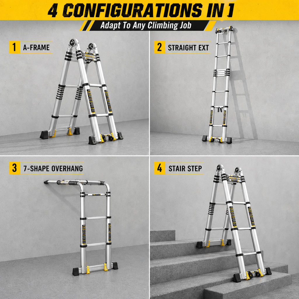 Heavy Duty Folding Telescopic Ladder, A‑Frame / Straight / Stair / 7‑Shape Multi‑Mode Portable Ladder for Home & Warehouse