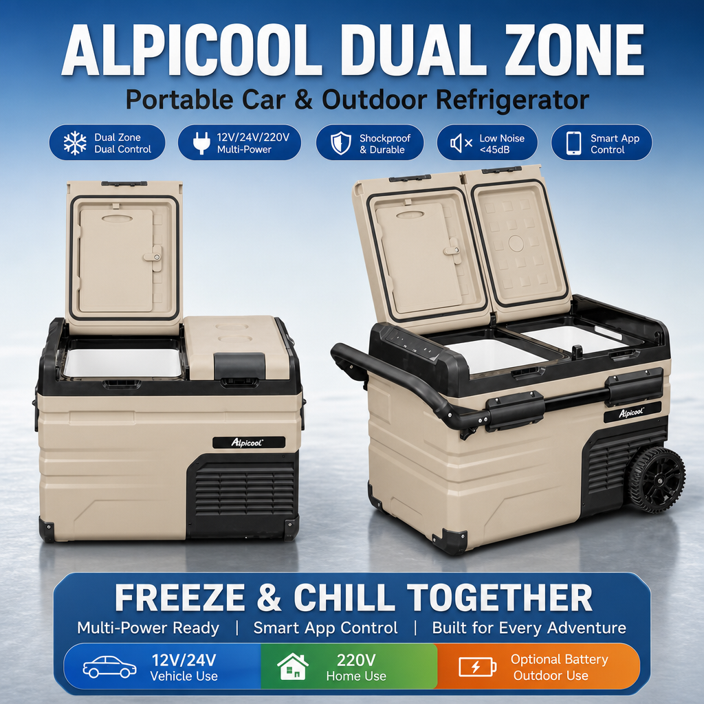 Alpicool Dual Zone Portable Car Refrigerator,‑20℃ Fast Cooling Compressor Fridge, 12V/24V/220V Smart App Controlled Cooler with Wheels for Camping Road Trip