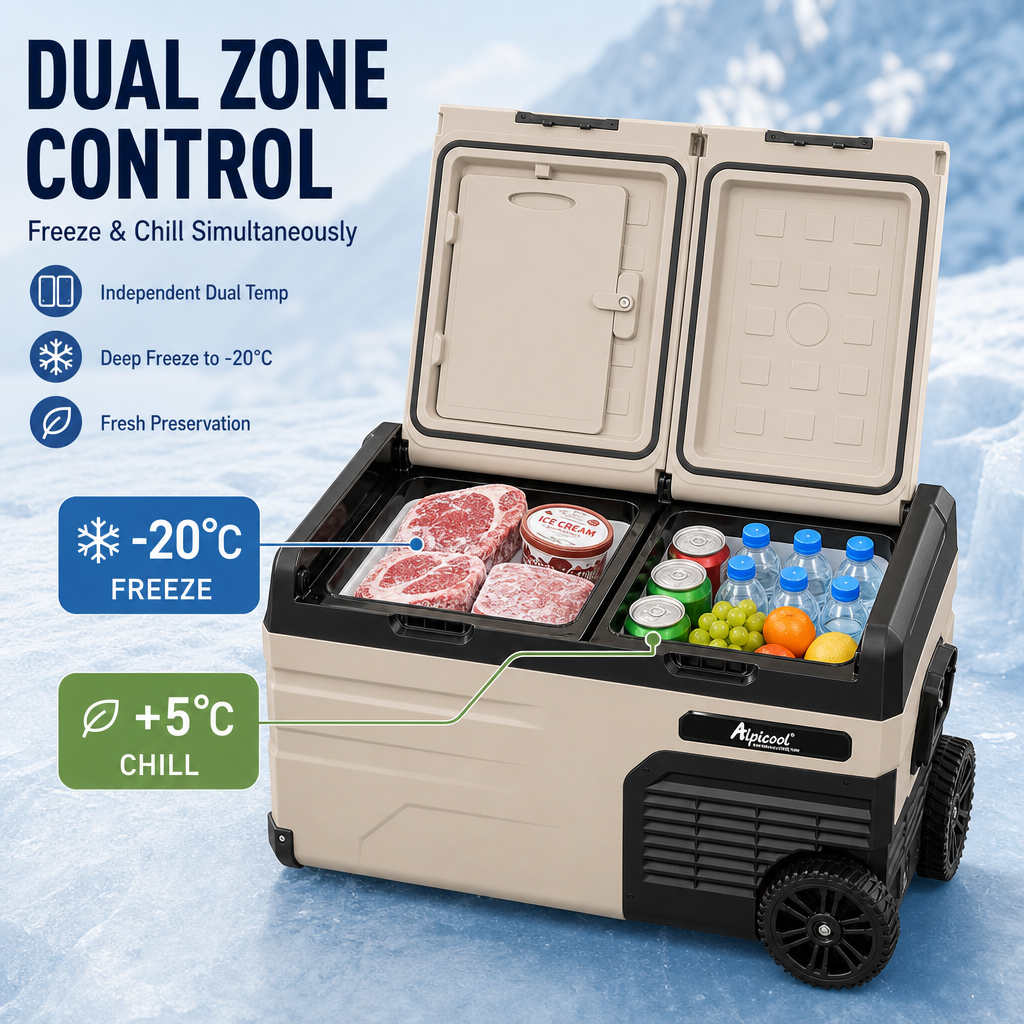 Alpicool Dual Zone Portable Car Refrigerator,‑20℃ Fast Cooling Compressor Fridge, 12V/24V/220V Smart App Controlled Cooler with Wheels for Camping Road Trip