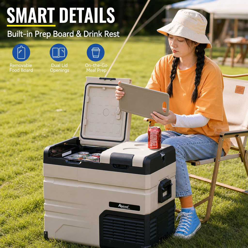Alpicool Dual Zone Portable Car Refrigerator,‑20℃ Fast Cooling Compressor Fridge, 12V/24V/220V Smart App Controlled Cooler with Wheels for Camping Road Trip