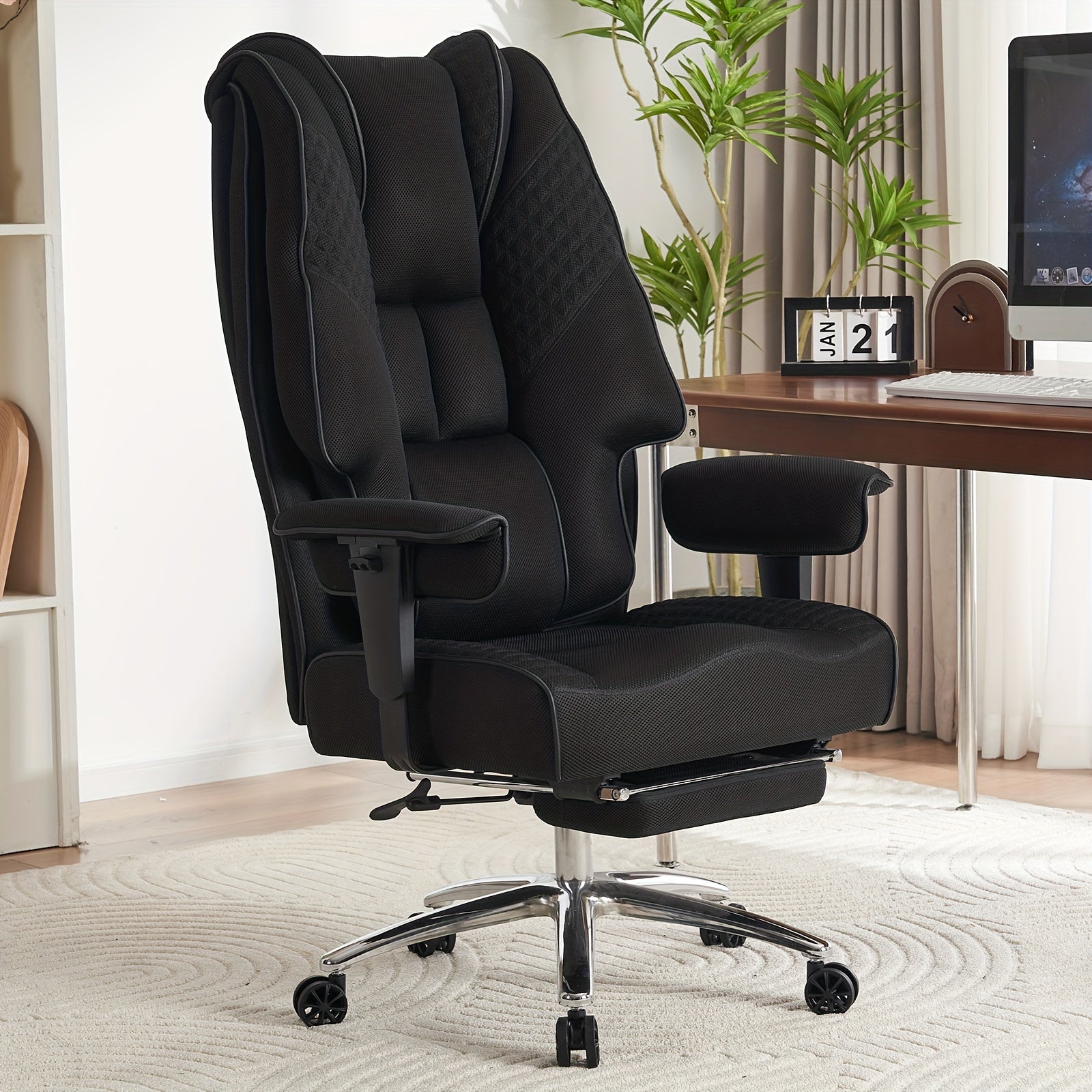 Pink Big & Tall Executive Office Chair｜High‑Back PU Leather Reclining Desk Chair with Footrest, Spring Seat Cushion Adjustable Armrest for Home Workspace
