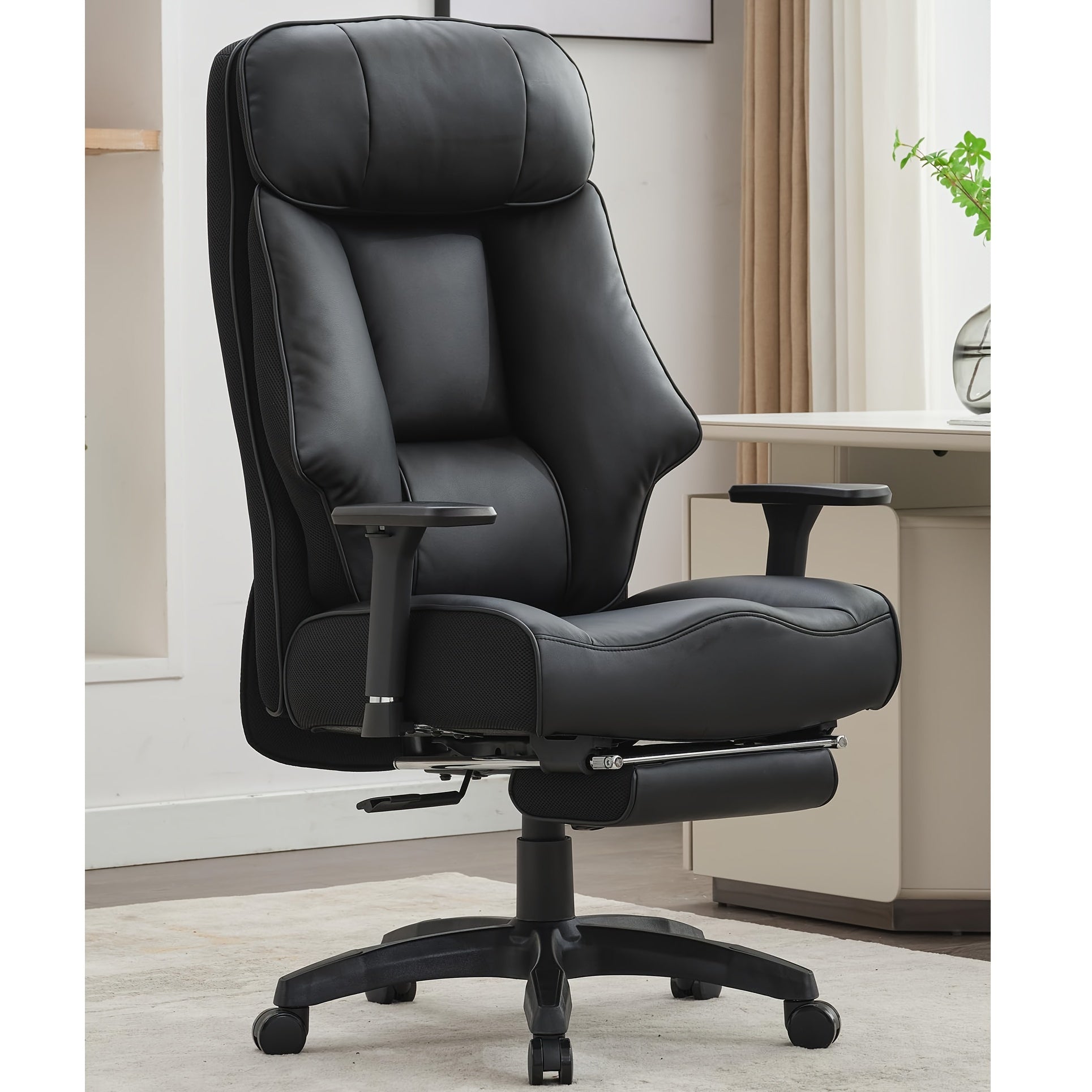 Pink Big & Tall Executive Office Chair｜High‑Back PU Leather Reclining Desk Chair with Footrest, Spring Seat Cushion Adjustable Armrest for Home Workspace