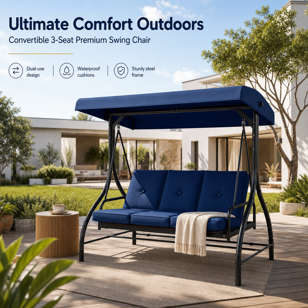 3‑Seat Convertible Outdoor Patio Swing Chair, Weather‑Resistant Porch Swing Bed with Adjustable Canopy, Thick Waterproof Cushion & Heavy‑Duty Steel Frame for Backyard Garden