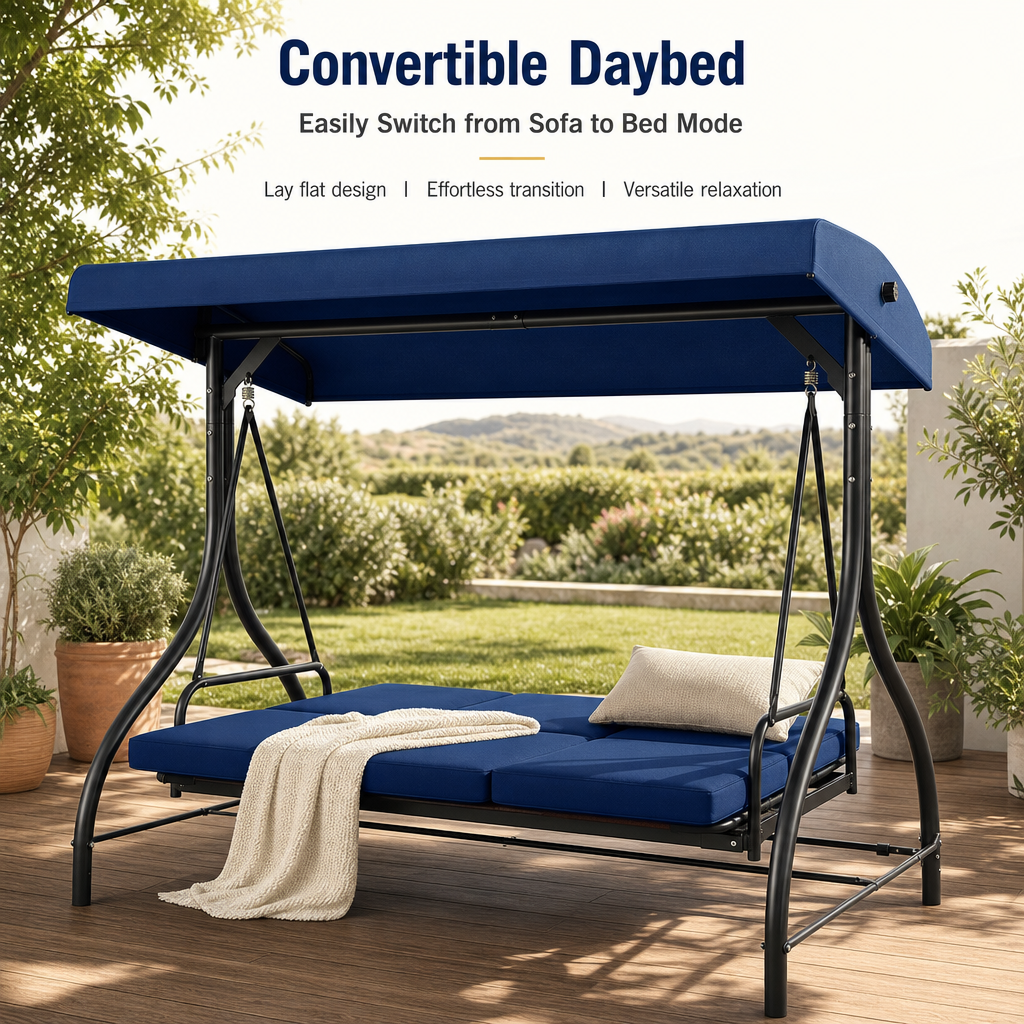 3‑Seat Convertible Outdoor Patio Swing Chair, Weather‑Resistant Porch Swing Bed with Adjustable Canopy, Thick Waterproof Cushion & Heavy‑Duty Steel Frame for Backyard Garden
