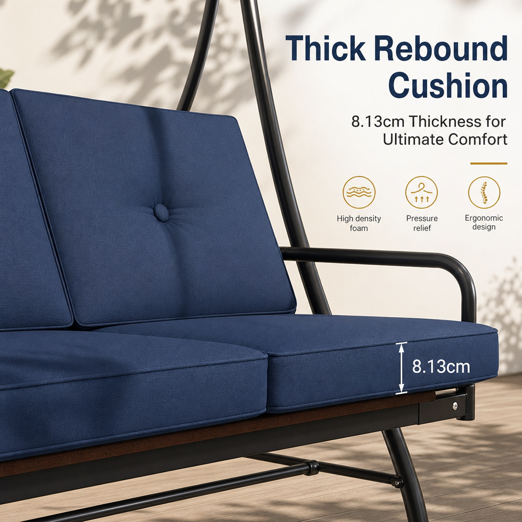 3‑Seat Convertible Outdoor Patio Swing Chair, Weather‑Resistant Porch Swing Bed with Adjustable Canopy, Thick Waterproof Cushion & Heavy‑Duty Steel Frame for Backyard Garden