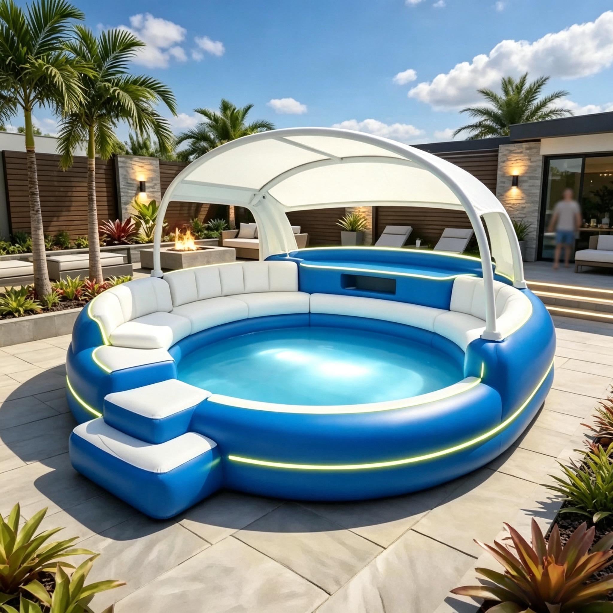 4‑7 Person Inflatable Circular Hot Tub Spa｜Outdoor Inflatable Spa with Foldable Canopy, LED Lights, Built‑in Seats & Drink Bar for Backyard Gatherings