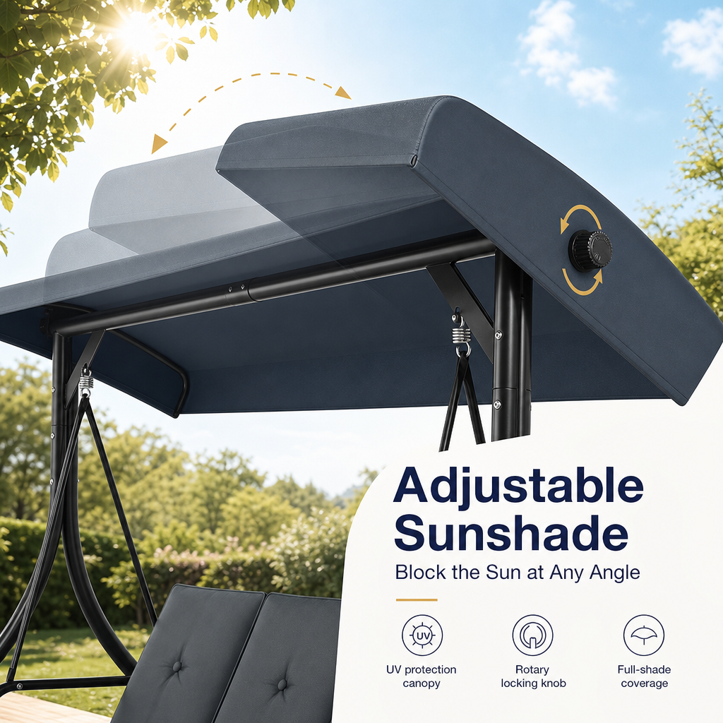 3‑Seat Convertible Outdoor Patio Swing Chair, Weather‑Resistant Porch Swing Bed with Adjustable Canopy, Thick Waterproof Cushion & Heavy‑Duty Steel Frame for Backyard Garden