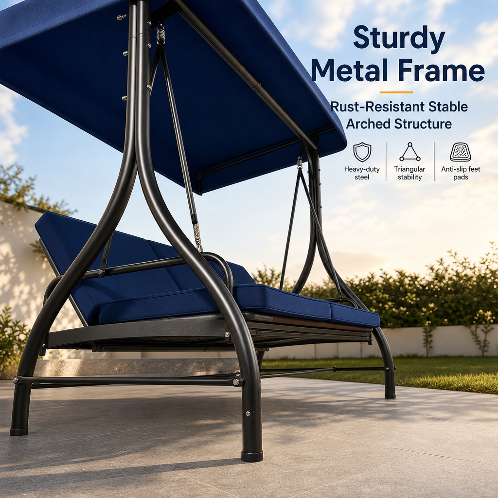 3‑Seat Convertible Outdoor Patio Swing Chair, Weather‑Resistant Porch Swing Bed with Adjustable Canopy, Thick Waterproof Cushion & Heavy‑Duty Steel Frame for Backyard Garden