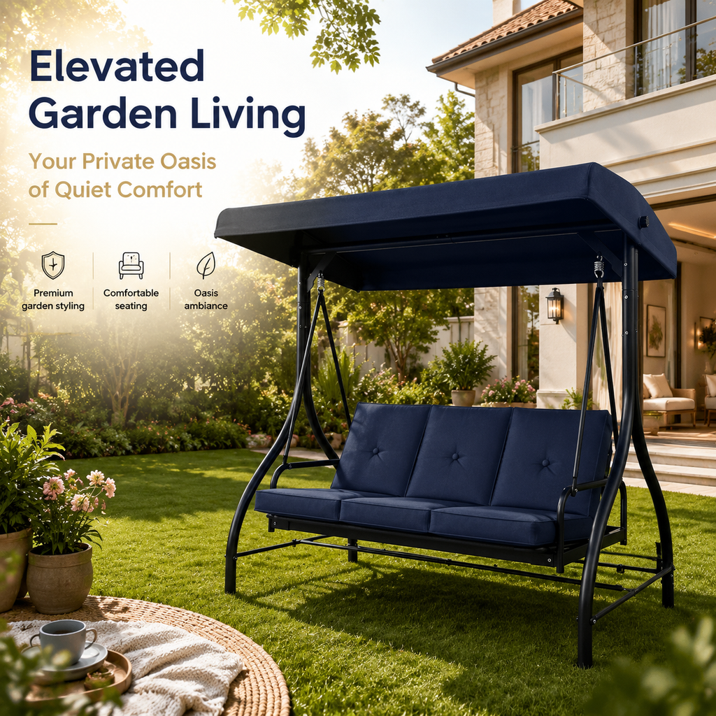 3‑Seat Convertible Outdoor Patio Swing Chair, Weather‑Resistant Porch Swing Bed with Adjustable Canopy, Thick Waterproof Cushion & Heavy‑Duty Steel Frame for Backyard Garden