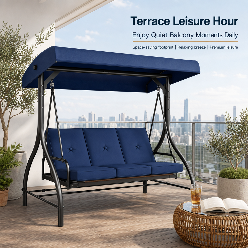 3‑Seat Convertible Outdoor Patio Swing Chair, Weather‑Resistant Porch Swing Bed with Adjustable Canopy, Thick Waterproof Cushion & Heavy‑Duty Steel Frame for Backyard Garden