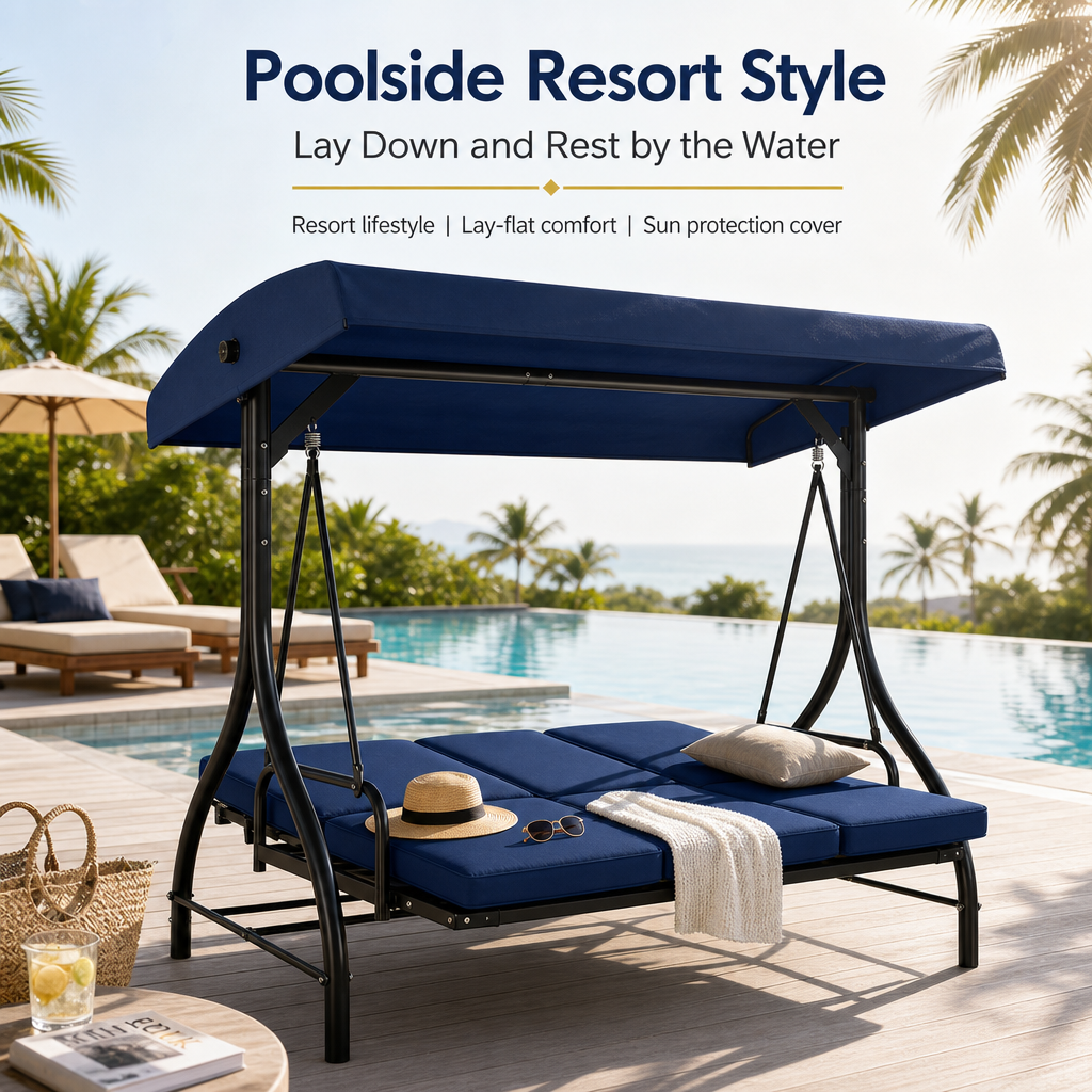 3‑Seat Convertible Outdoor Patio Swing Chair, Weather‑Resistant Porch Swing Bed with Adjustable Canopy, Thick Waterproof Cushion & Heavy‑Duty Steel Frame for Backyard Garden