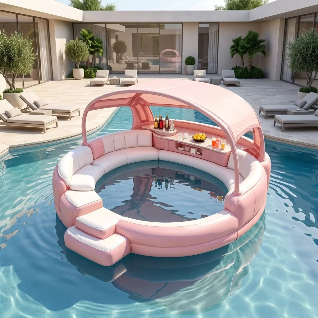 4‑7 Person Inflatable Circular Hot Tub Spa｜Outdoor Inflatable Spa with Foldable Canopy, LED Lights, Built‑in Seats & Drink Bar for Backyard Gatherings