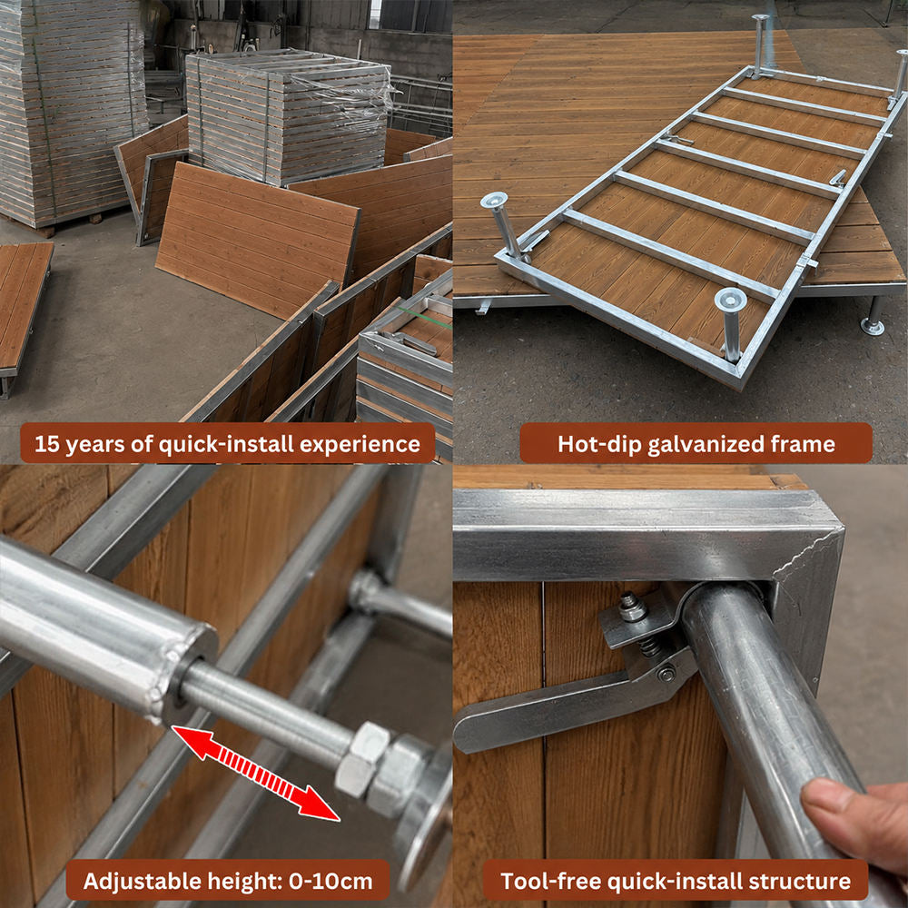 Portable Modular WPC Deck Platform｜Adjustable‑Height Outdoor Flooring Stage, Galvanized Steel Frame Interlocking Deck Tiles for Patio Camping Events