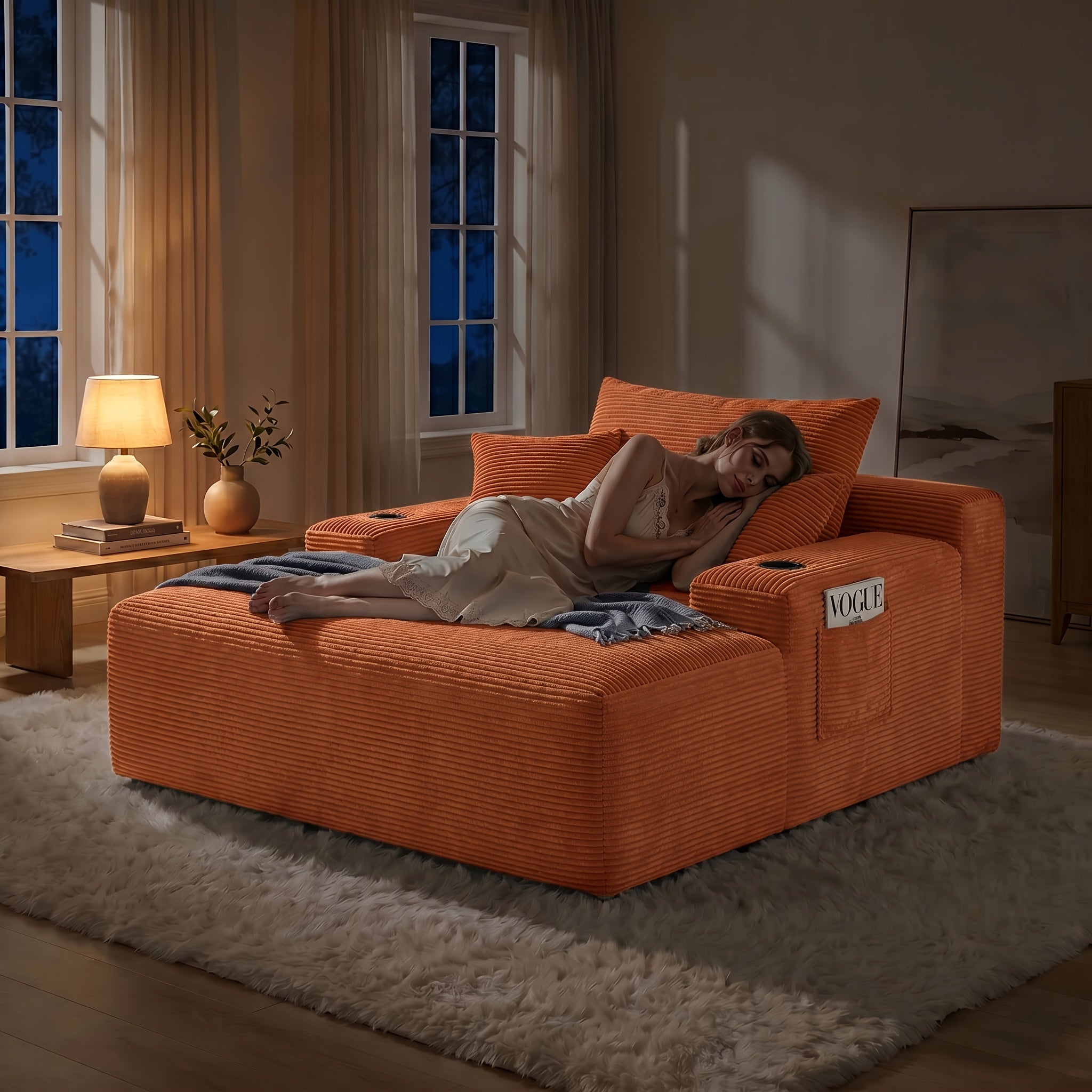 🛋️ MONZIA Oversized Corduroy Chaise Lounge Sofa — 400+ Pocket Springs, 1000LBS Capacity, Cup Holders & Storage Pockets for Living Room Bedroom