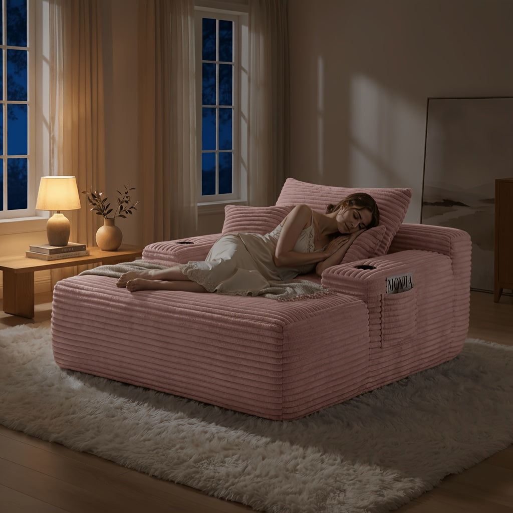 🛋️ MONZIA Oversized Corduroy Chaise Lounge Sofa — 400+ Pocket Springs, 1000LBS Capacity, Cup Holders & Storage Pockets for Living Room Bedroom