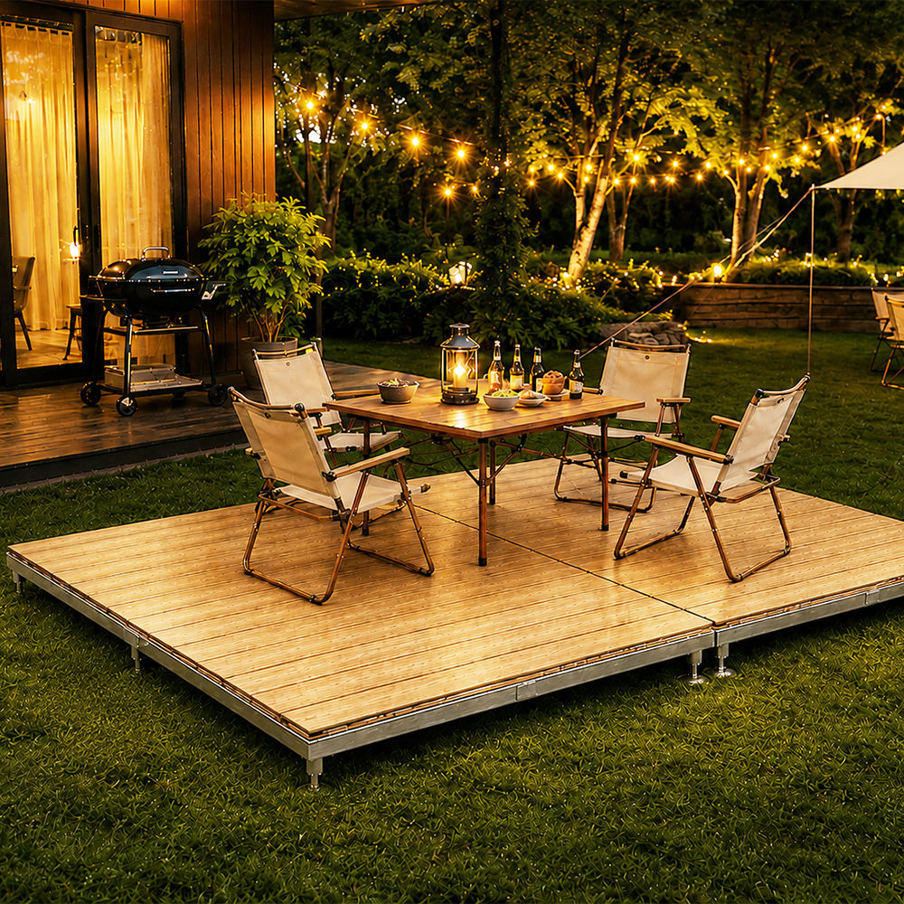 Portable Modular WPC Deck Platform｜Adjustable‑Height Outdoor Flooring Stage, Galvanized Steel Frame Interlocking Deck Tiles for Patio Camping Events