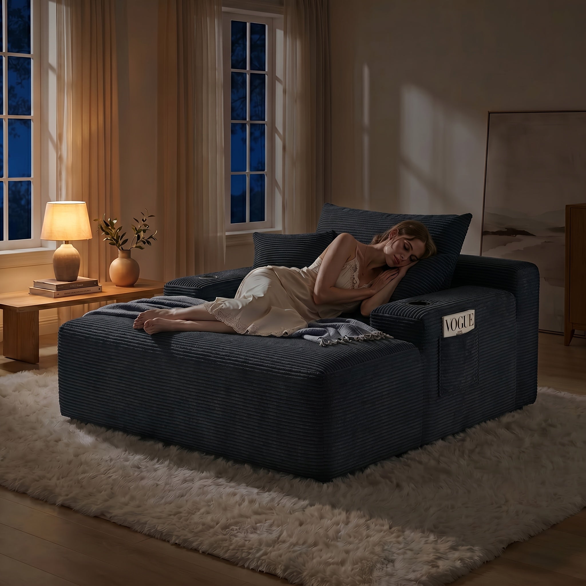 🛋️ MONZIA Oversized Corduroy Chaise Lounge Sofa — 400+ Pocket Springs, 1000LBS Capacity, Cup Holders & Storage Pockets for Living Room Bedroom