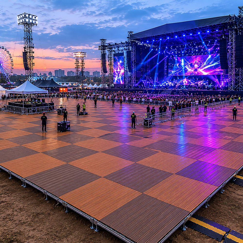 Portable Modular WPC Deck Platform｜Adjustable‑Height Outdoor Flooring Stage, Galvanized Steel Frame Interlocking Deck Tiles for Patio Camping Events
