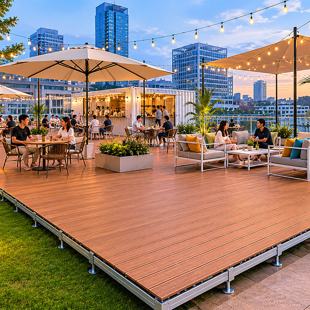 Portable Modular WPC Deck Platform｜Adjustable‑Height Outdoor Flooring Stage, Galvanized Steel Frame Interlocking Deck Tiles for Patio Camping Events