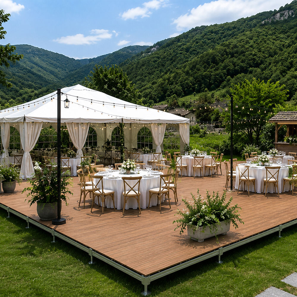 Portable Modular WPC Deck Platform｜Adjustable‑Height Outdoor Flooring Stage, Galvanized Steel Frame Interlocking Deck Tiles for Patio Camping Events
