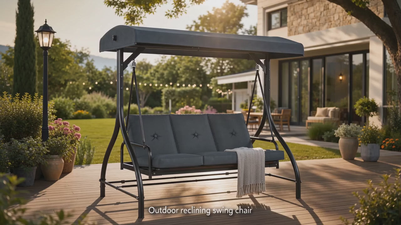 3‑Seat Convertible Outdoor Patio Swing Chair, Weather‑Resistant Porch Swing Bed with Adjustable Canopy, Thick Waterproof Cushion & Heavy‑Duty Steel Frame for Backyard Garden
