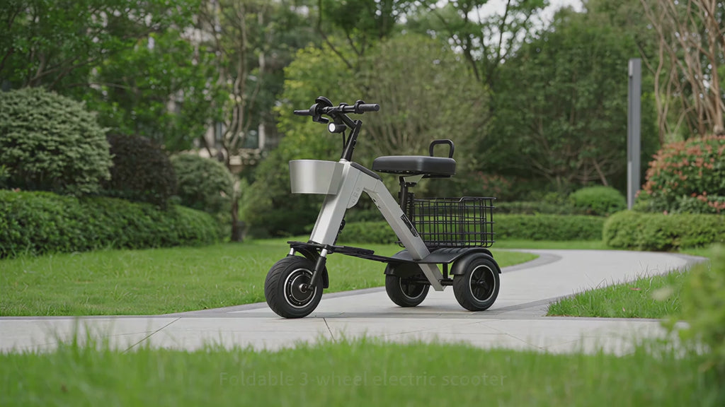 3‑Wheel Folding Electric Scooter, 450W Brushless Motor 30‑50KM Range Removable Battery, Airline Approved Foldable E‑Scooter with Basket & Quad Suspension for City Commute Travel