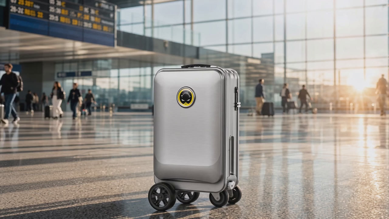 Rideable Scooter Luggage｜Foldable Aluminum Carry‑On Suitcase, TSA Lock Silent Spinner Wheels, Multi‑Purpose Riding Suitcase for Airport Commute Campus